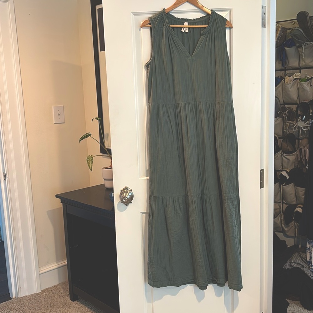 Pact Green Organic Cotton Coastal Double Gauze Ruffle Women's Maxi Dress L
